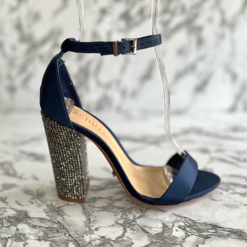 Schutz Hara Sandals Blue Satin Rhinestone Block Heel Ankle Strap 6 Cocktail Glam - Picture 12 of 17